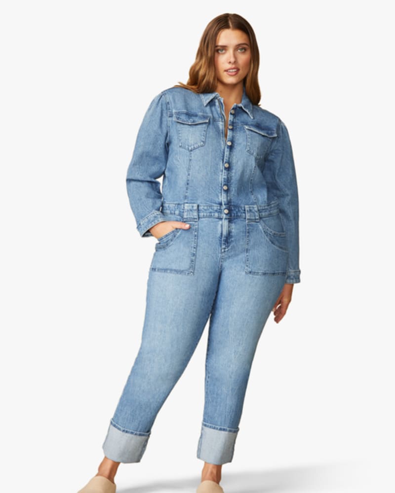 Front of a model wearing a size 1XL Abbey Denim Jumpsuit in SADIE by Warp + Weft. | dia_product_style_image_id:248796